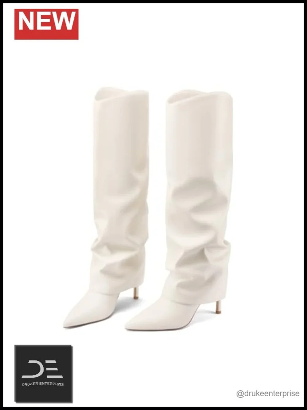 Fold Over Knee High Boots Pointed Toe Stiletto Heel Side Zipper